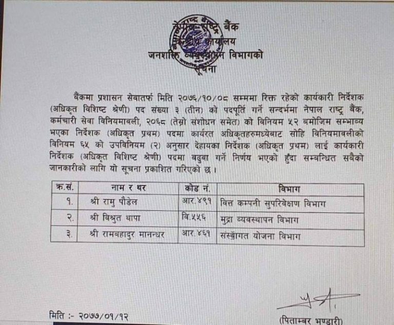 राष्ट्र बैंकको कार्यकारी निर्देशकमा तीन जनाको बढुवा