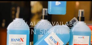 लोमसको ‘ह्यान्ड–एक्स’ ह्यान्ड स्यानिटाइजर ५ सय एमएलको बोतलमा