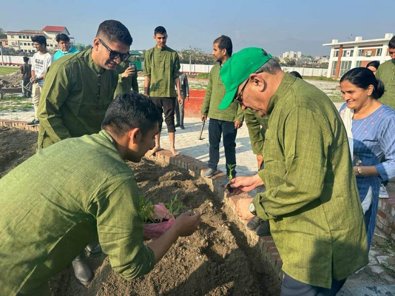 बालुवाटारमा तरकारी खेती, हरियो कपडा लगाएर प्रधानमन्त्रीले रोपे फर्सी र घिरौला