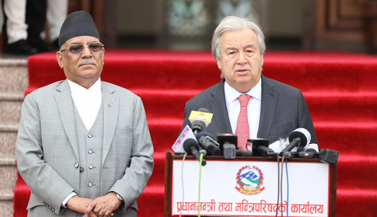 गुटेरेससँगै उभिएर प्रधानमन्त्रीले भने-‘शान्ति प्रक्रियाको बाँकी काममा सहयोग गर्नुहोस्’