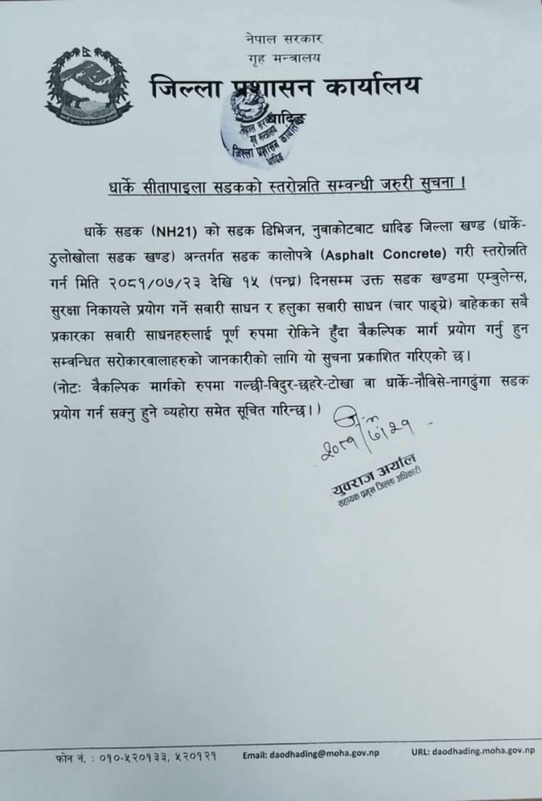 सीतापाइला र धार्के जोड्ने सडक पुनः १५ दिनका लागि बन्द