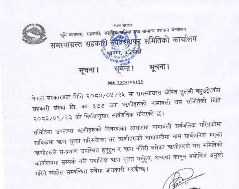 तुलसी सहकारीका ३७७ ऋणीको नाम सार्वजनिक