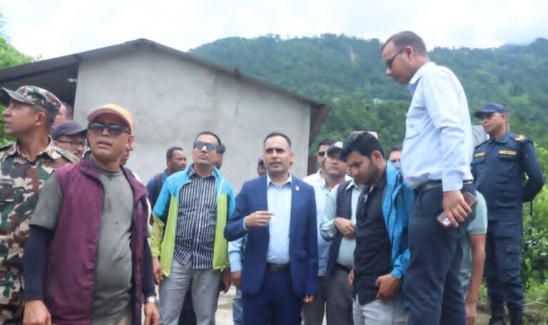पहिरो प्रभावित बस्तीको स्थलगत निरीक्षणमा सञ्चारमन्त्री तिमिल्सिना
